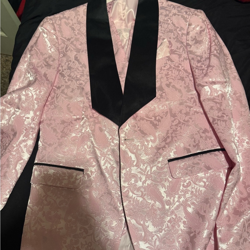 Sophisticated Pink Floral Tuxedo with Black Lapel